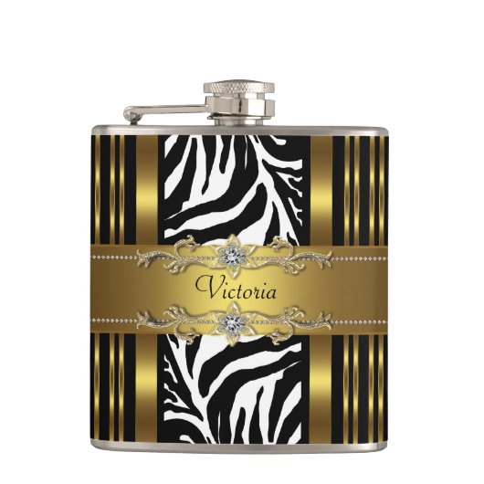 Elegante zwarte en gouden zebra heupfles (Voorkant)