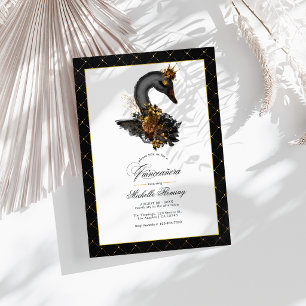 Elegante Zwarte en Gouden Zwan Quinceañera Foto Kaart