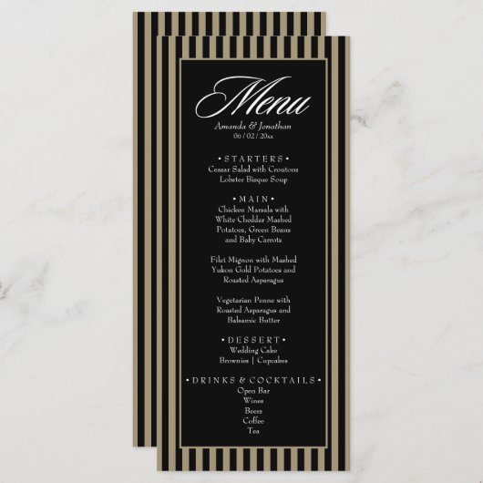 Elegante zwarte en groene verticale strepen trouwj menu (Voorkant / Achterkant)