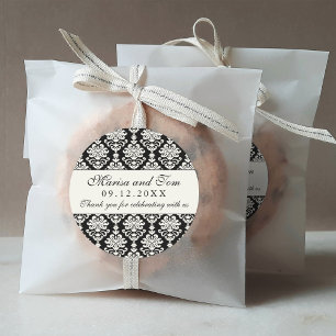 Elegante Zwarte en Ivoor Damasten Bruiloft Ronde Sticker