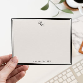 Elegante Zwarte en Ivoor Monogram Twee Rand Notitiekaartje