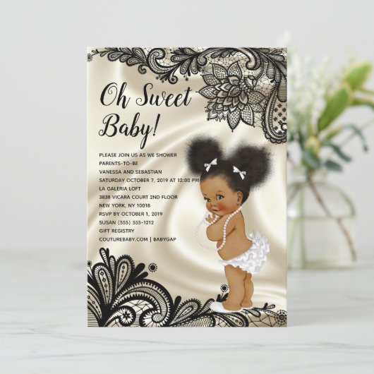 Elegante zwarte en ivoren Baby shower Afro Puffs Kaart (Staand voorkant)