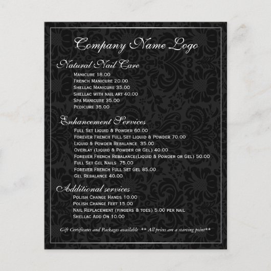 Elegante zwarte en metalen zilveren bloemendamaske flyer (Voorkant)