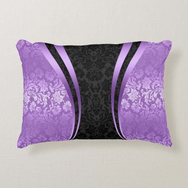 Elegante zwarte en Paarse bloemdamast Accent Kussen (Voorkant)