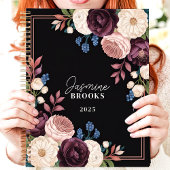 Elegante Zwarte en Pruim Bloemige Aangepaste Naam Planner