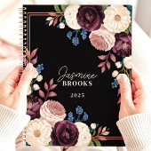 Elegante Zwarte en Pruim Bloemige Aangepaste Naam Planner