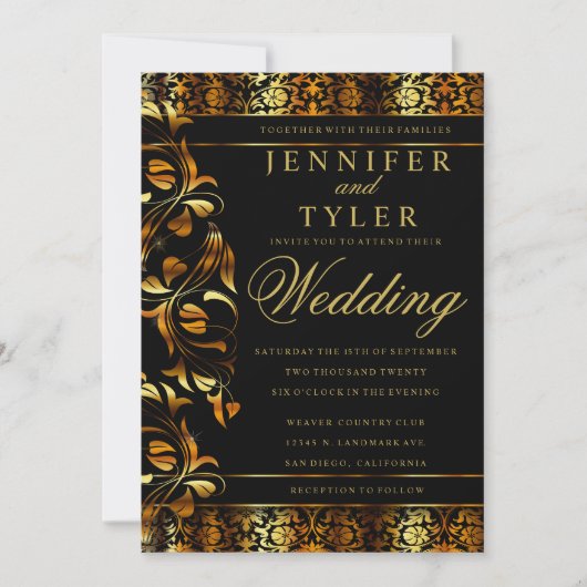 Elegante zwarte en rijke gouden damasten uitnodigi kaart (Voorkant)