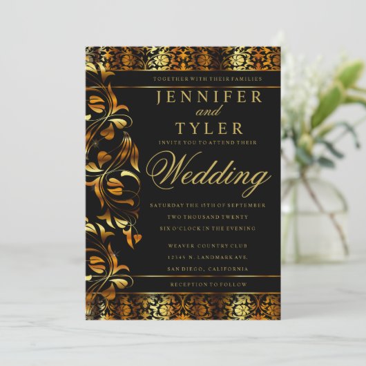 Elegante zwarte en rijke gouden damasten uitnodigi kaart (Staand voorkant)