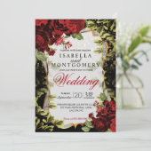 Elegante zwarte en rode bloemen bruiloft kaart (Staand voorkant)