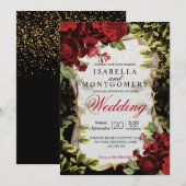 Elegante zwarte en rode bloemen bruiloft kaart (Voorkant / Achterkant)