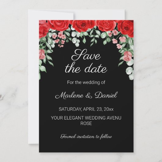 Elegante zwarte en rode bloemen bruiloft save the date (Voorkant)