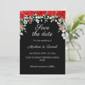 Elegante zwarte en rode bloemen bruiloft save the date (Staand voorkant)