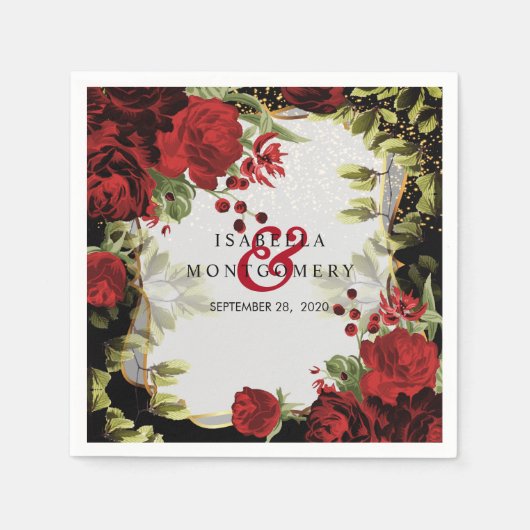 Elegante zwarte en rode bloemen bruiloft servet (Voorkant)