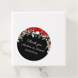 Elegante zwarte en rode bloemenbruiloft bedankjes labels