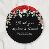 Elegante zwarte en rode bloemenbruiloft bedankjes labels (Voorkant)