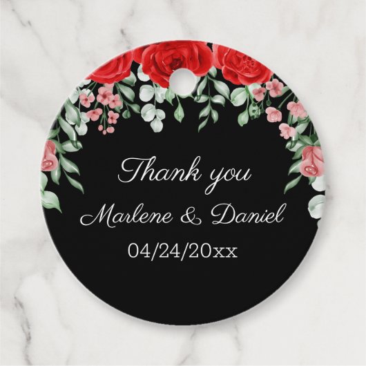Elegante zwarte en rode bloemenbruiloft bedankjes labels (Voorkant)