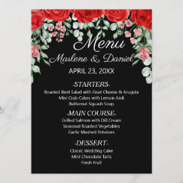 Elegante zwarte en rode bloemenbruiloft menu