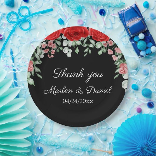 Elegante zwarte en rode bloemenbruiloft papieren bordje (Feest)