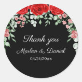 Elegante zwarte en rode bloemenbruiloft ronde sticker (Voorkant)