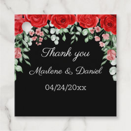 Elegante zwarte en rode bloemige bruiloft bedankjes labels