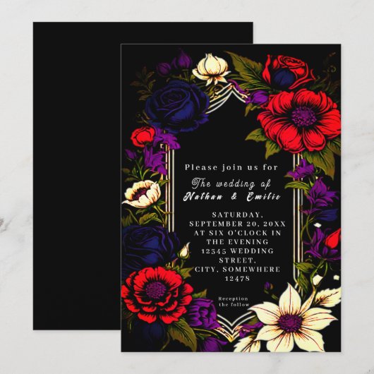 Elegante zwarte en rode gotische huwelijksuitnodig kaart (Voorkant / Achterkant)