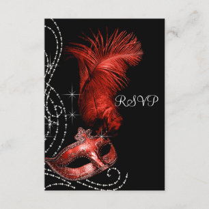 Elegante zwarte en rode masqueradefeest RSVP Kaartje