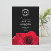 Elegante zwarte en rode roos zilveren laurier init kaart (Staand voorkant)
