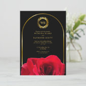 Elegante zwarte en rode Rose Gold Laurel Initialen Kaart (Staand voorkant)