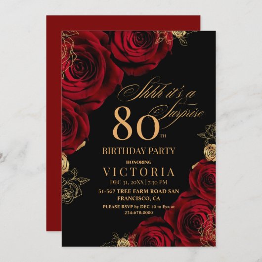Elegante zwarte en rode rozen Bloemen 80e verjaard Kaart (Voorkant / Achterkant)