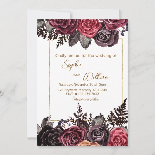 Elegante zwarte en rode rozen bruiloft kaart (Voorkant)