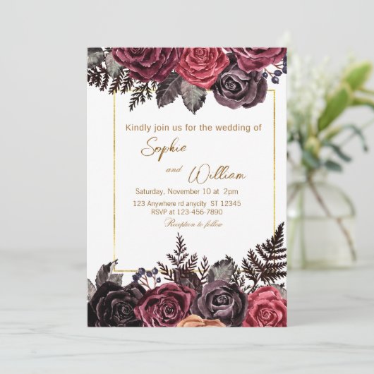 Elegante zwarte en rode rozen bruiloft kaart (Staand voorkant)