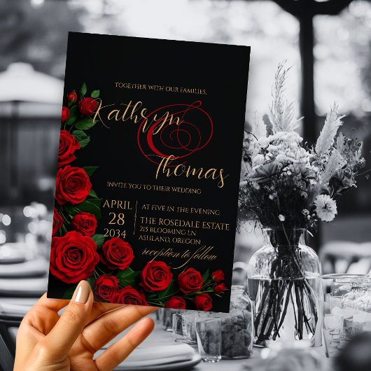Elegante zwarte en rode rozen bruiloft uitnodiging