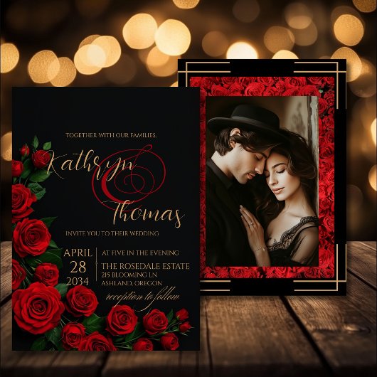 Elegante zwarte en rode rozen bruiloft uitnodiging