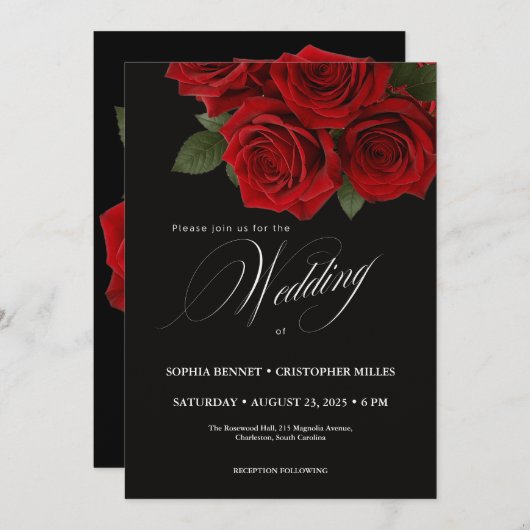 Elegante zwarte en rode rozen bruiloft uitnodiging (Voorkant / Achterkant)