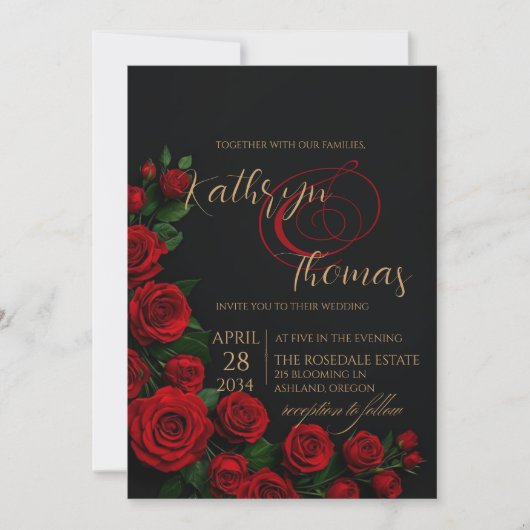Elegante zwarte en rode rozen bruiloft uitnodiging (Voorkant)