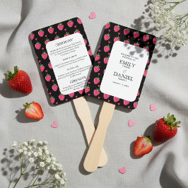 Elegante zwarte en roze aardbeiendroom bruiloft handwaaier