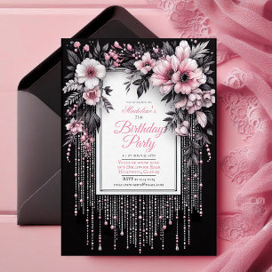 Elegante zwarte en roze bloemen verjaardagsuitnodi kaart
