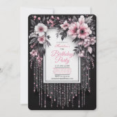 Elegante zwarte en roze bloemen verjaardagsuitnodi kaart (Voorkant)