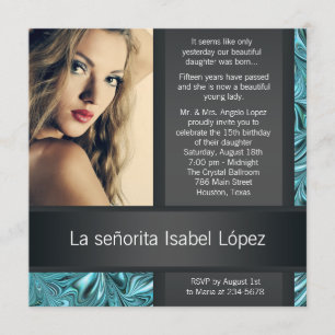 Elegante zwarte en turquoise foto Quinceanera Kaart
