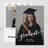 Elegante zwarte en witte afstudeeraankondiging kaart (Voorkant / Achterkant)