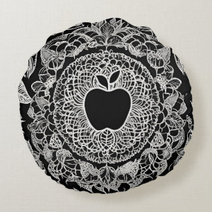 Elegante Zwarte en Witte Appel Mandala Kant Rond Kussen
