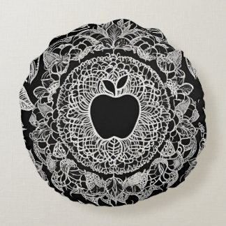 Elegante Zwarte en Witte Appel Mandala Kant Rond Kussen