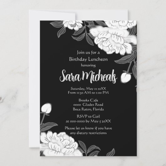 Elegante zwarte en witte bloem lunch uitnodiging (Voorkant)