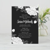 Elegante zwarte en witte bloemen lunch uitnodiging (Staand voorkant)