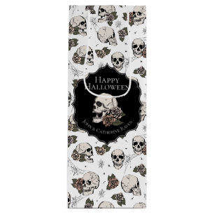 Elegante zwarte en witte bloemige schedels Hallowe Wijn Cadeautas