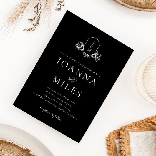 Elegante zwarte en witte botanische monogram bruil kaart