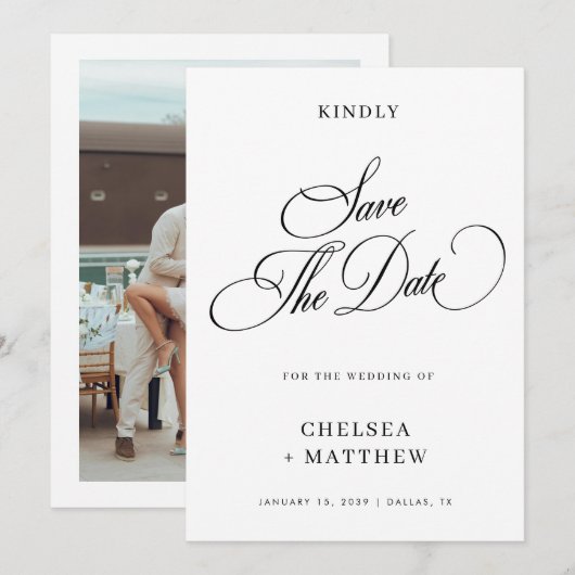 Elegante Zwarte en Witte Bruiloft Save The Date (Voorkant / Achterkant)