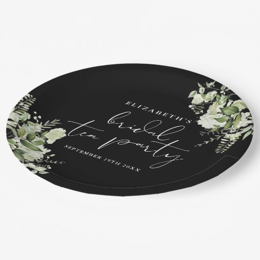 Elegante zwarte en witte bruiloftstheepartij met g papieren bordje