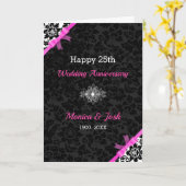 Elegante zwarte en witte damast met roze lint kaart (Gele Bloem)