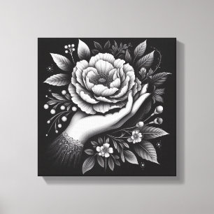 Elegante Zwarte en Witte Hand Botanische Kunst Canvas Afdruk